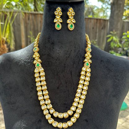 Double Layered Kundan Necklace Set with Green Stone