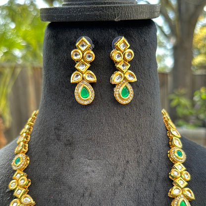 Double Layered Kundan Necklace Set with Green Stone