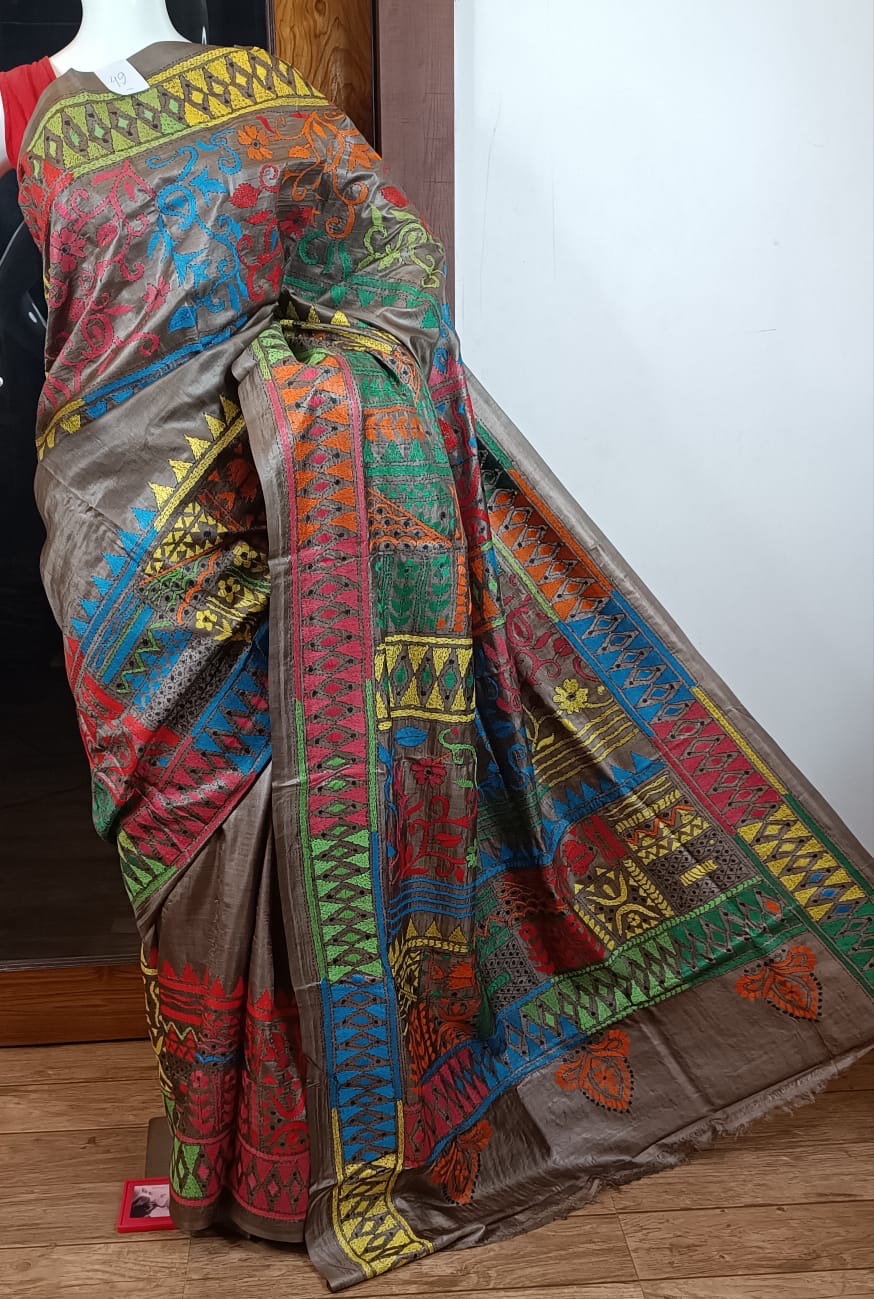 Pure Tussar Saree with Kantha Stitch