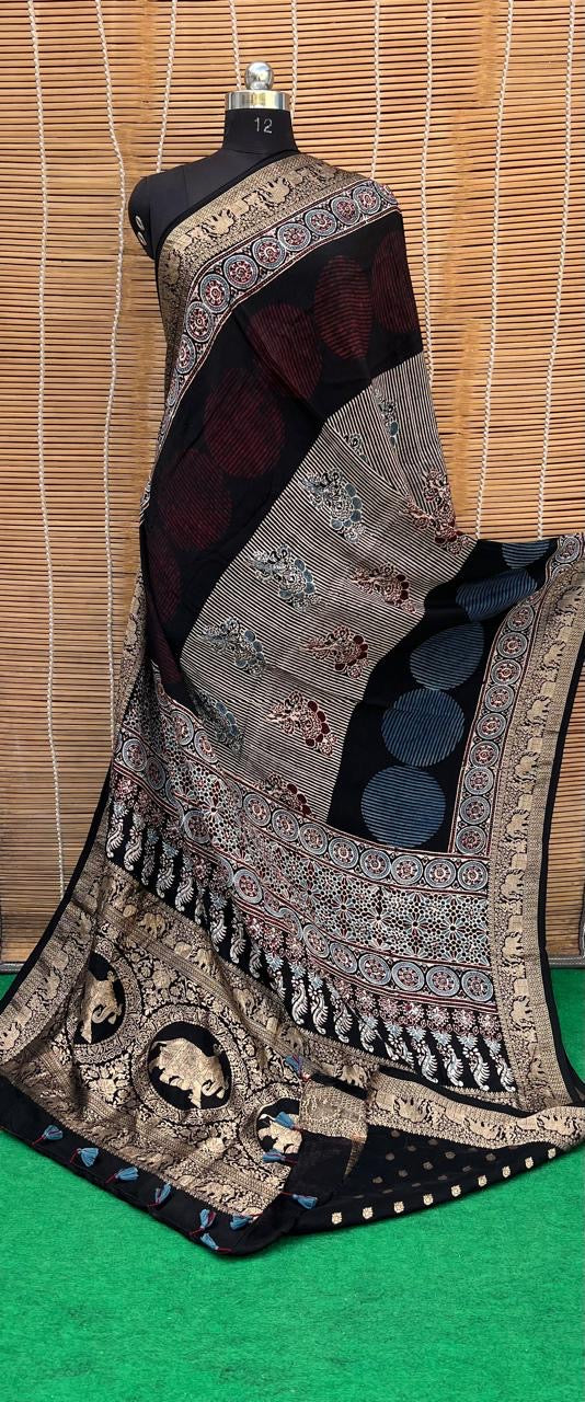 Pure Natural Organic Color Hand Block Ajrakh Print Saree