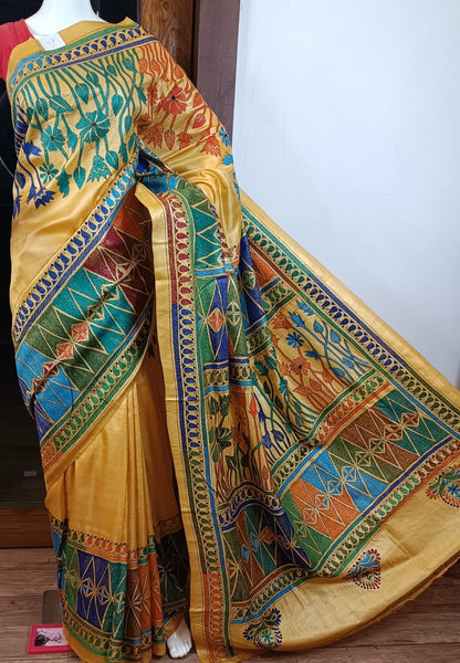 Pure Tussar Saree with Kantha Stitch