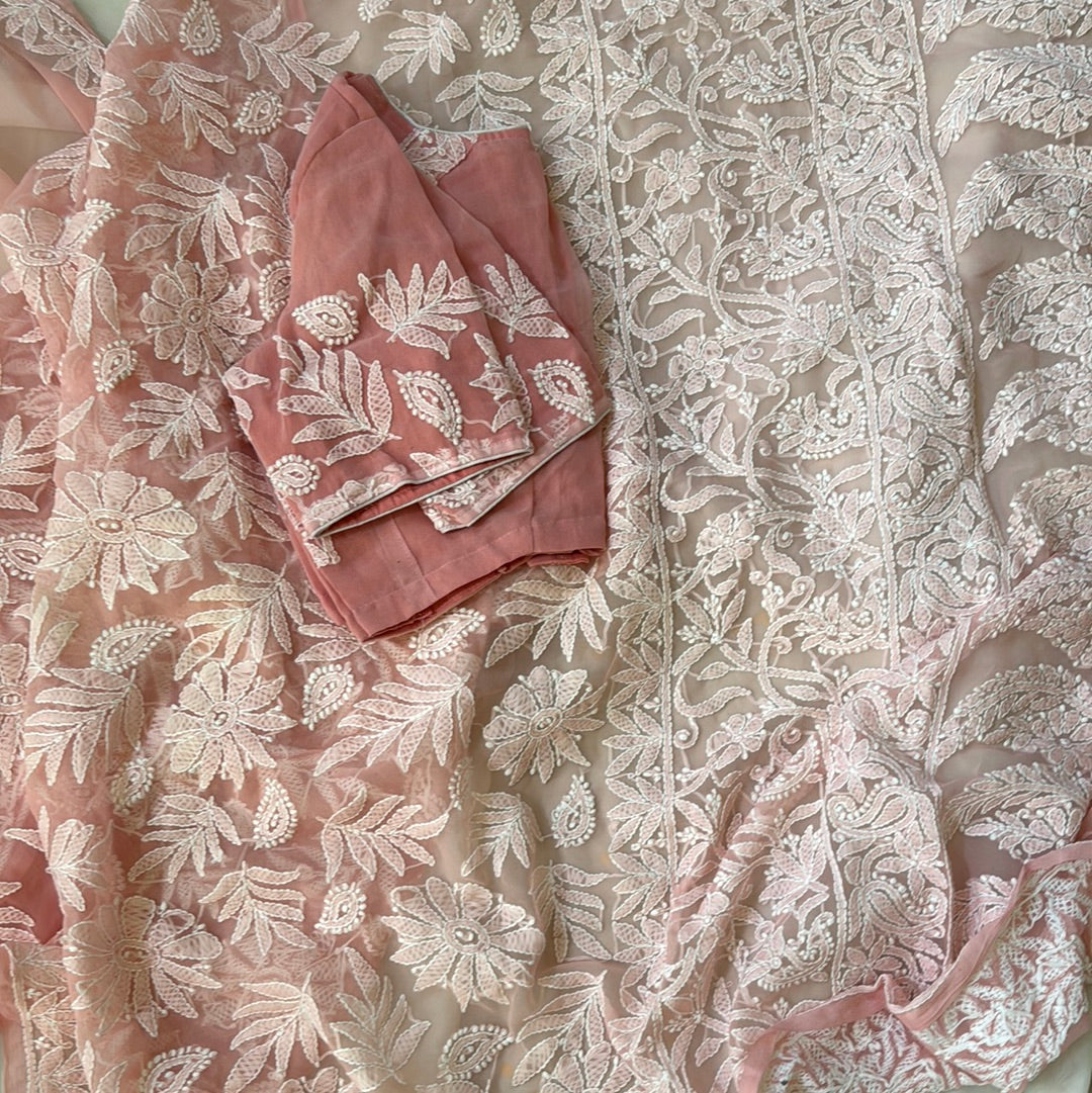 Chikankari/Lucknowi Saree in Pastel Pink