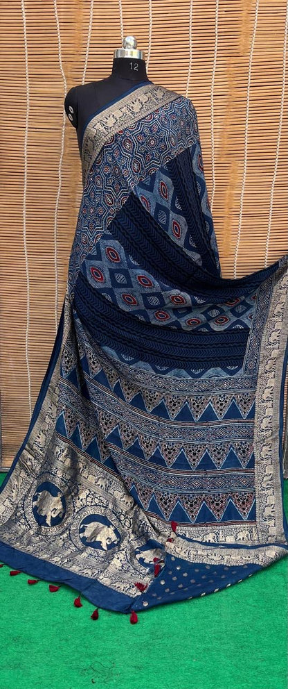 Pure Natural Organic Color Hand Block Ajrakh Print Saree