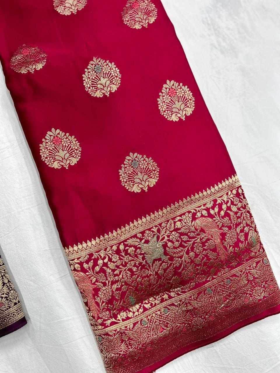 Red Mashru Silk Saree with Meenakari Parrots