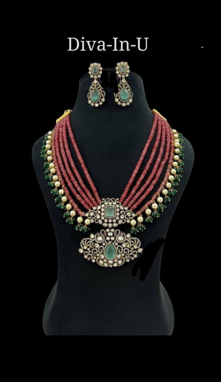 Kundan & Beads Royal Necklace Set (Orange)