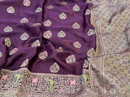 Purple Mashru Silk Saree with Banarasi Borders - Banarasi Saree