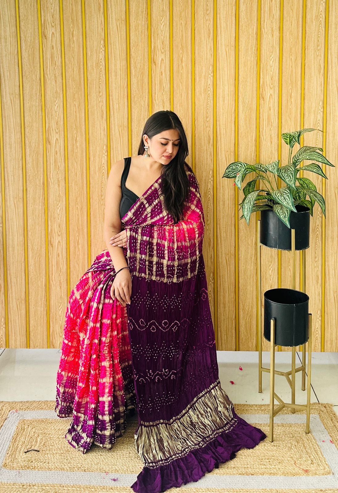 Checks Weave Bandhini Saree