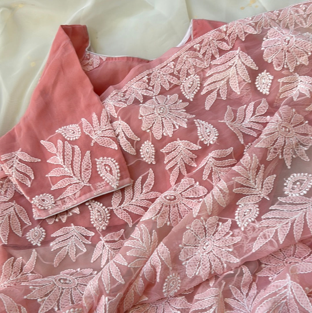 Chikankari/Lucknowi Saree in Pastel Pink