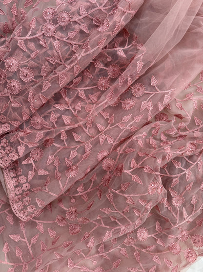 Dusty Pink Net Saree with floral blouse