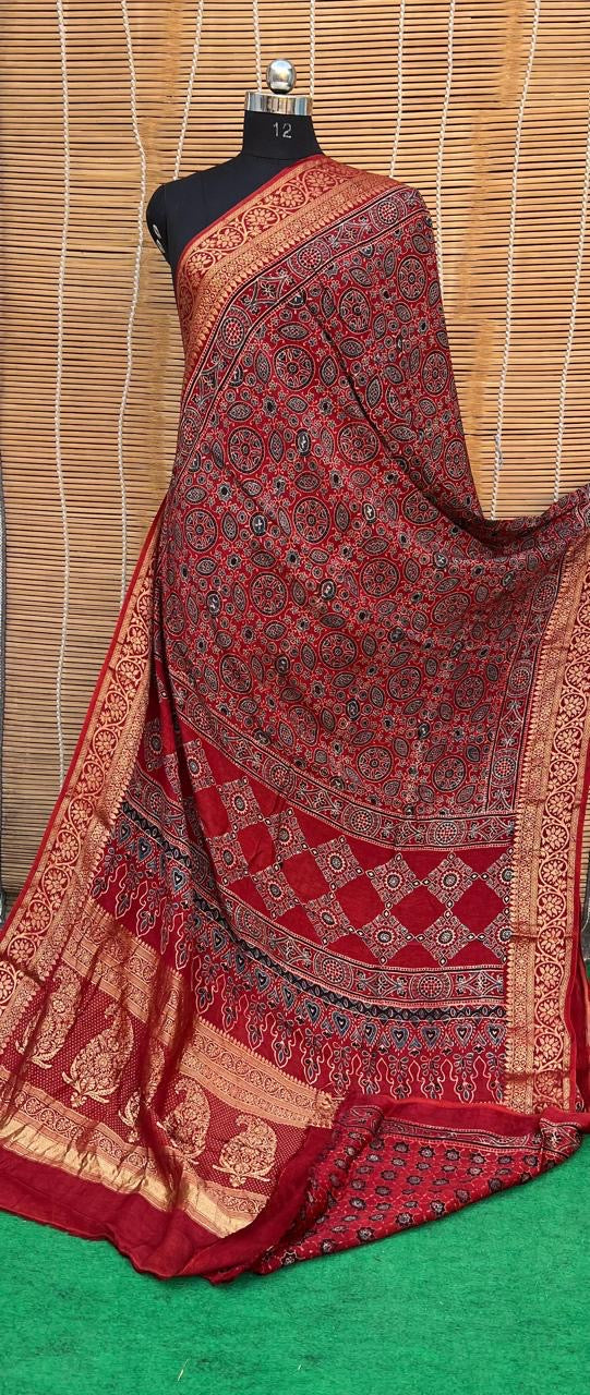 Pure Natural Organic Color Hand Block Ajrakh Print Saree