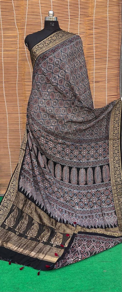 Pure Natural Organic Color Hand Block Ajrakh Print Saree