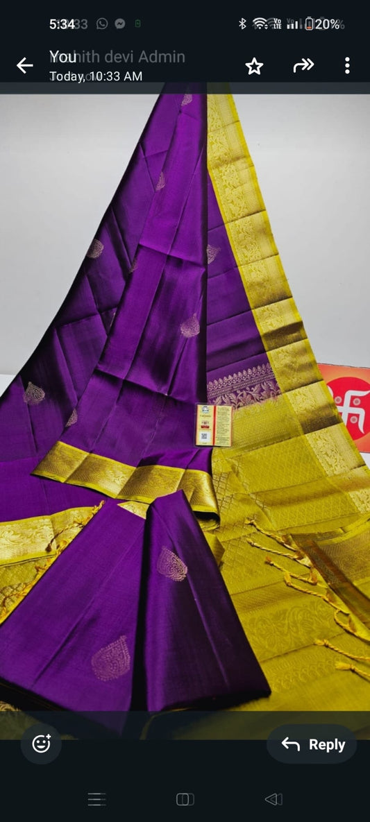 Kanjeevaram Sarees with Contrasting Borders(Dark Purple with tender Green)