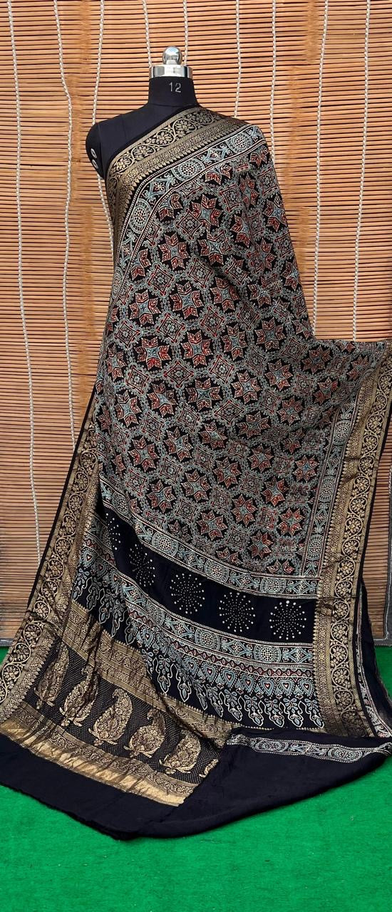 Pure Natural Organic Color Hand Block Ajrakh Print Saree