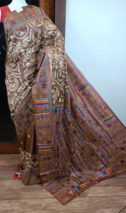 Pure Tussar Saree with Kantha Stitch