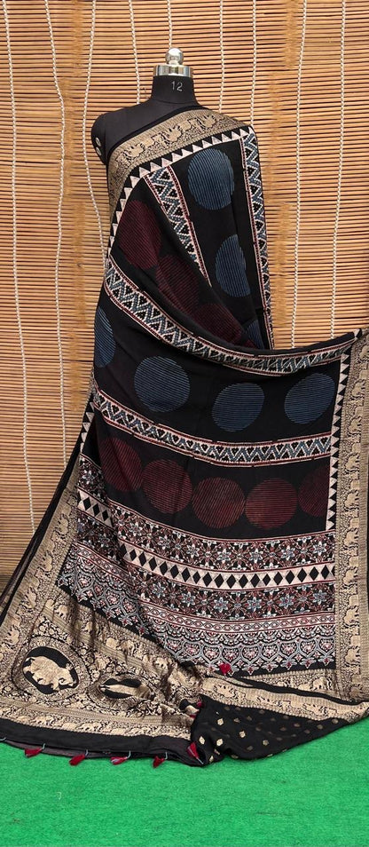 Pure Natural Organic Color Hand Block Ajrakh Print Saree