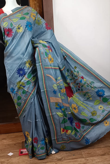 Pure Tussar Saree with Kantha Stitch