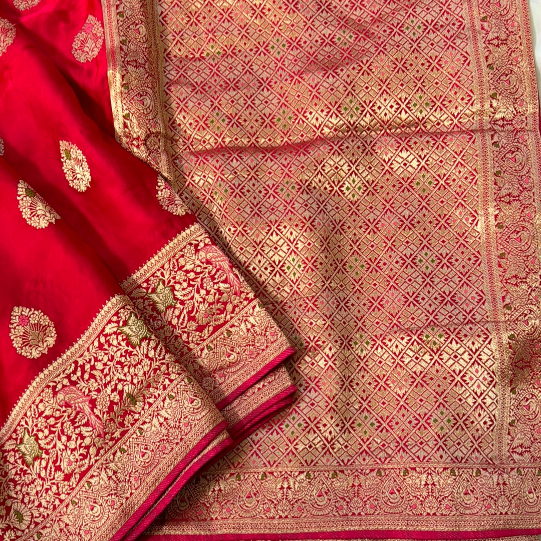 Red Mashru Silk Saree with Meenakari Parrots