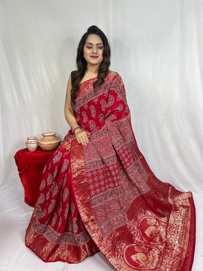 Ajrakh Saree in Red on Dola Silk