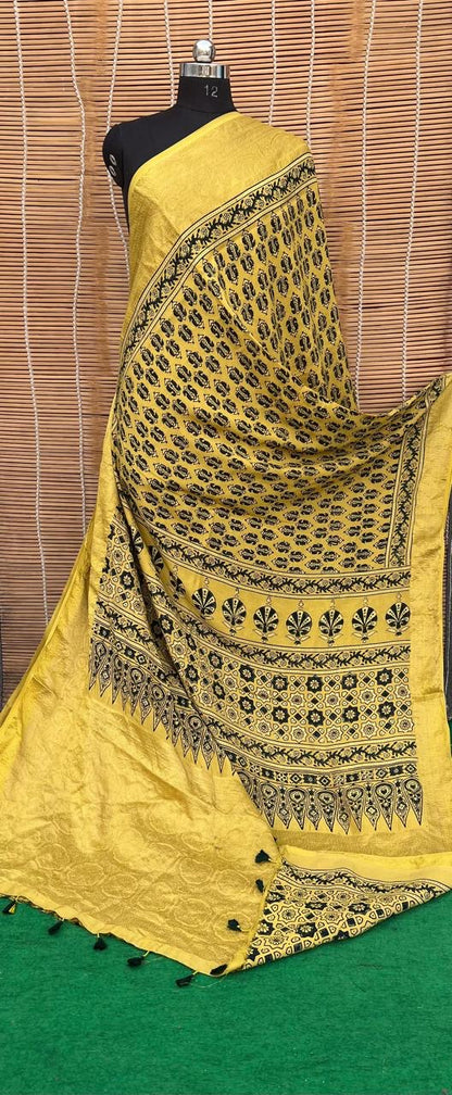 Pure Natural Organic Color Hand Block Ajrakh Print Saree