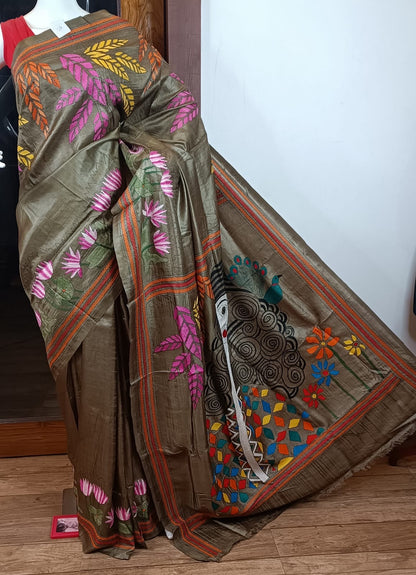 Pure Tussar Saree with Kantha Stitch