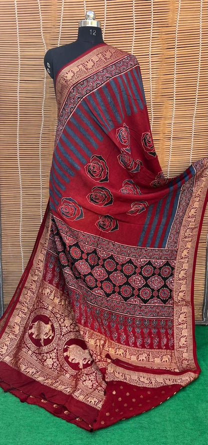 Pure Natural Organic Color Hand Block Ajrakh Print Saree