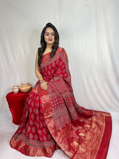 Ajrakh Saree in Red on Dola Silk