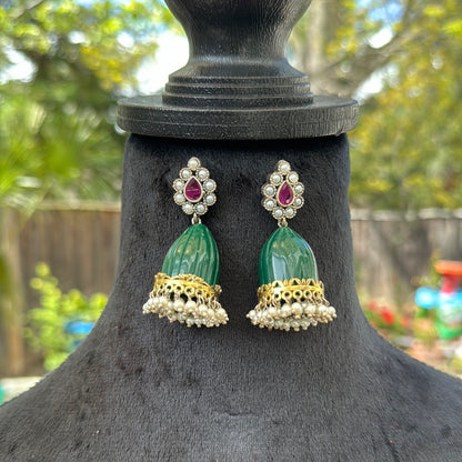 Green Stone Jhumkas with Pearls