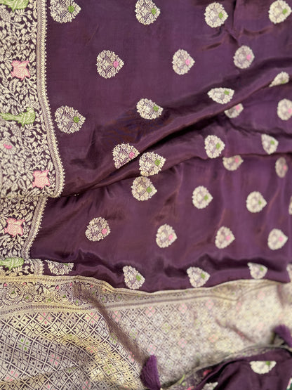 Purple Mashru Silk Saree with Banarasi Borders - Banarasi Saree