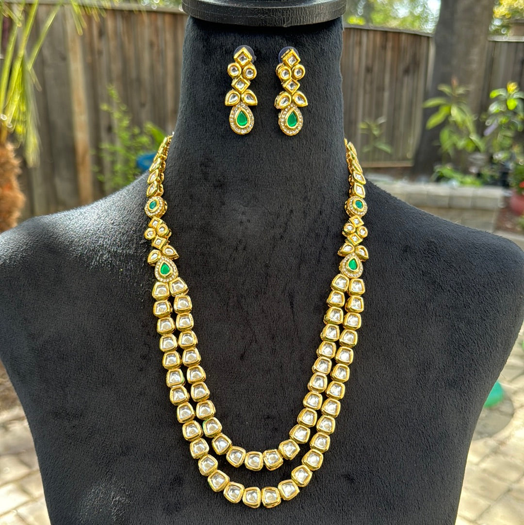 Double Layered Kundan Necklace Set with Green Stone