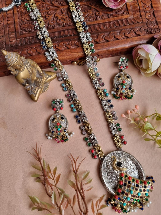 Dual Tone Long Necklace with Multicolor Stones