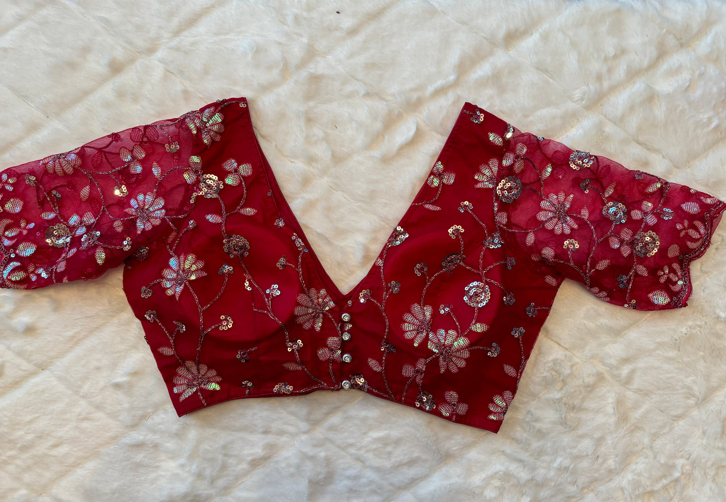 Deep Red Sequin Floral Embroidery Blouse