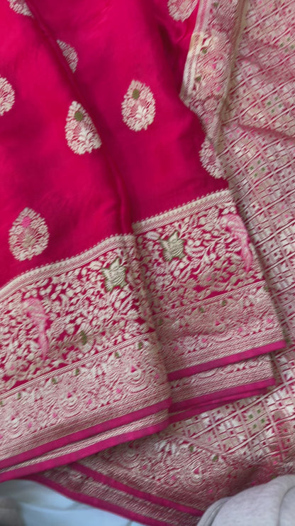 Red Mashru Silk Saree with Meenakari Parrots