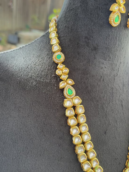 Double Layered Kundan Necklace Set with Green Stone